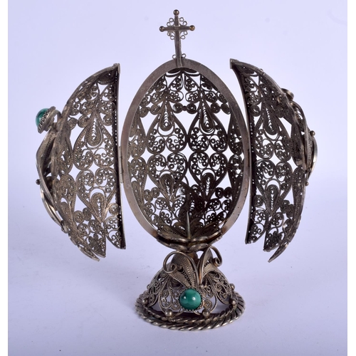 2267 - AN ANTIQUE RUSSIAN SILVER AND MALACHITE EGG. 167 grams. 15 cm high.