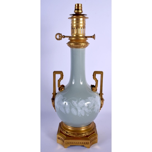 2282 - A FINE 19TH CENTURY FRENCH CELADON ENAMELLED BULBOUS VASE with good quality ormolu mounts. 48 cm hig... 