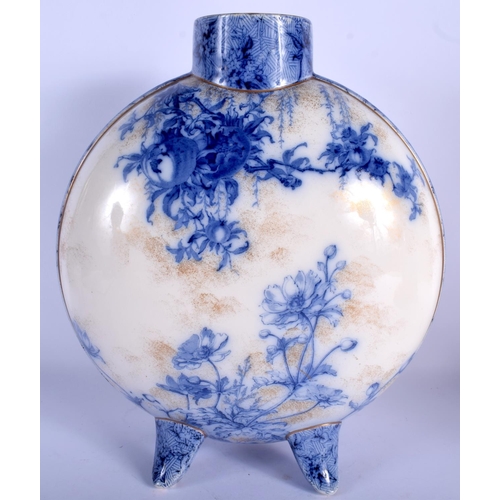 2283 - A RARE LARGE 19TH CENTURY STAFFORDSHIRE AESTHETIC MOVEMENT FLOW BLUE MOON FLASK printed with flowers... 