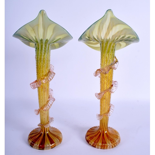 2287 - A PAIR OF EARLY 20TH CENTURY EUROPEAN FLUTED GLASS VASES probably Italian. 33 cm high.