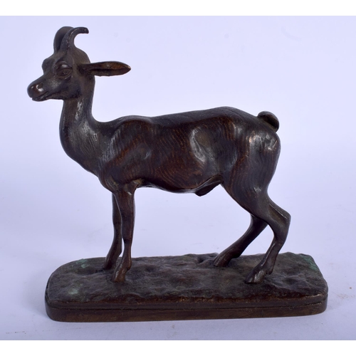 2294 - A 19TH CENTURY FRENCH BRONZE FIGURE OF A DEER modelled upon a rectangular base. 11 cm x 11 cm.