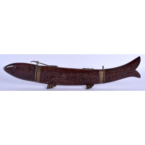 2305 - A RARE EARLY 20TH CENTURY EUROPEAN CARVED WOOD CASED KNIFE AND FISH FORK. 35 cm long.