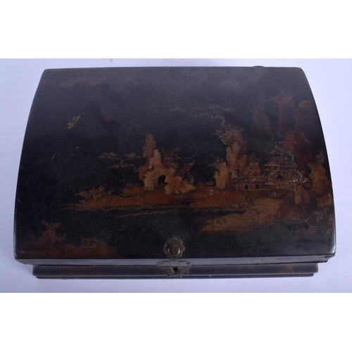 2307 - A GEORGE III CHINOSERIE PAINTED TOLEWARE TIN BOX painted with landscapes. 30 cm x 22 cm.