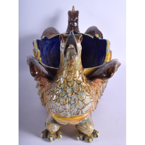 2312 - A LARGE 19TH CENTURY ITALIAN GINORI MAJOLICA POTTERY PLANTER formed with opposing birds. 47 cm x 25 ... 