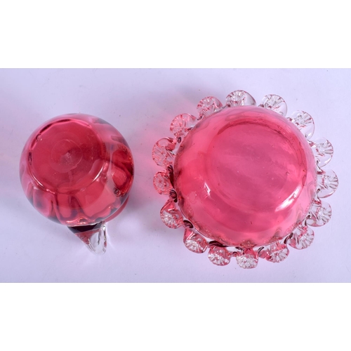 2316 - AN ANTIQUE CRANBERRY GLASS JUG and matching bowl. (2)