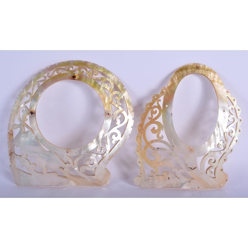 2323 - A PAIR OF 19TH CENTURY CONTINENTAL CARVED MOTHER OF PEARL SHELLS. 18 cm x 18 cm.