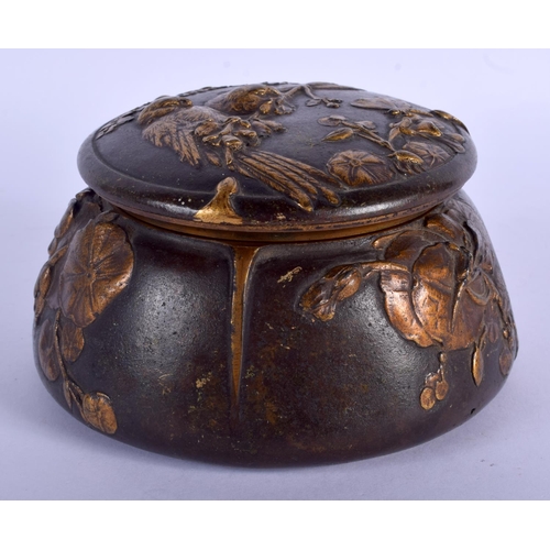 2324 - AN ART NOUVEAU FRENCH COLD PAINTED BRONZE BOX AND COVER decorated with birds and insects. 13 cm wide... 