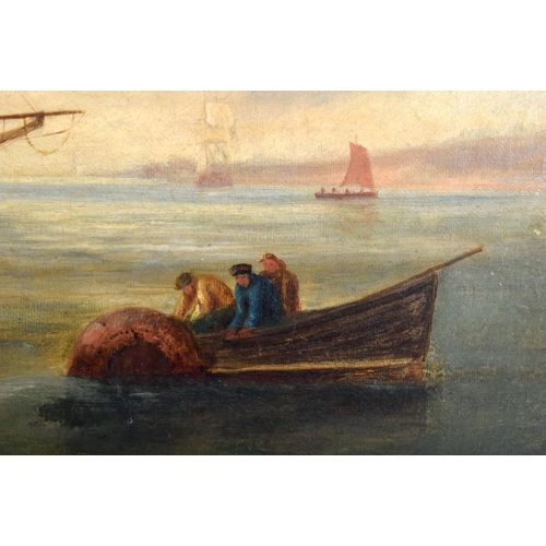 2329 - European School (19th Century) Oil on canvas, Boats on the coast. Image 44 cm x 30 cm.