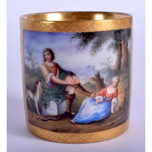 235 - Late 18th c. Royal Vienna coffee can and saucer finely painted with two women and a dog on a highly ... 