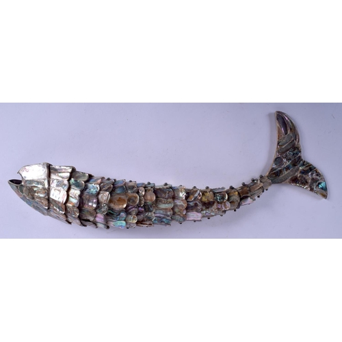 2352 - A LARGE 19TH CENTURY CONTINENTAL CARVED ABALONE SHELL ARTICULATED FISH. 42 cm wide.