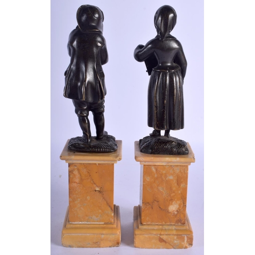 2353 - A LARGE PAIR OF 19TH CENTURY EUROPEAN BRONZE FIGURES modelled upon a sienna marble base. 30 cm high.