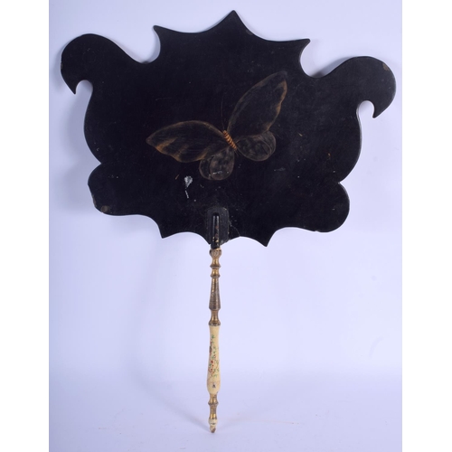 2357 - A 19TH CENTURY EUROPEAN BLACK LACQUER CHINOSERIE FAN painted with a figure within a landscape. 40 cm... 