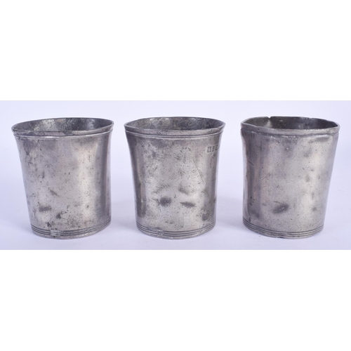 2375 - THREE 18TH/19TH CENTURY PEWTER BEAKERS. 8.5 cm high. (3)