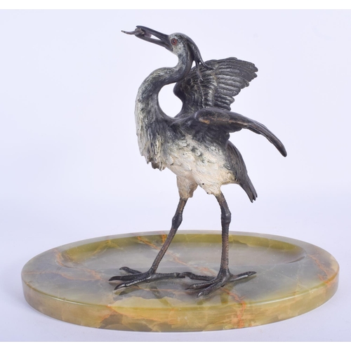 2380 - A 19TH CENTURY AUSTRIAN COLD PAINTED BRONZE ASHTRAY modelled as a stork upon an onyx plinth. 22 cm x... 