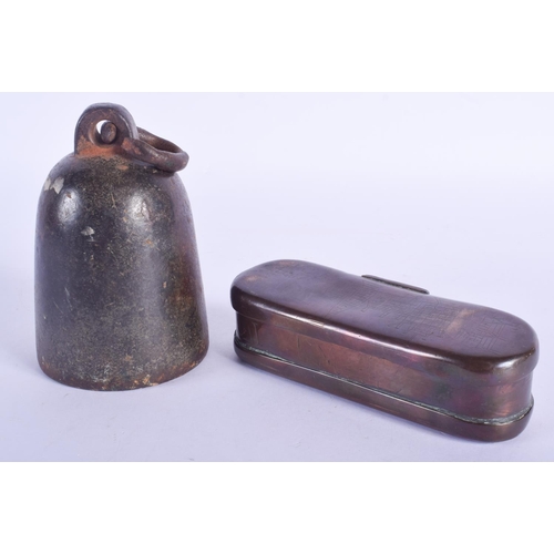 2391 - AN 18TH CENTURY EUROPEAN POLISHED COPPER SNUFF BOX engraved with figures, together with a bell. Larg... 