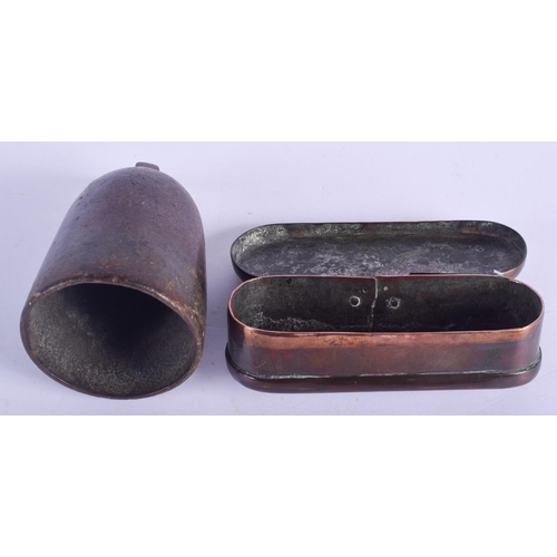 2391 - AN 18TH CENTURY EUROPEAN POLISHED COPPER SNUFF BOX engraved with figures, together with a bell. Larg... 