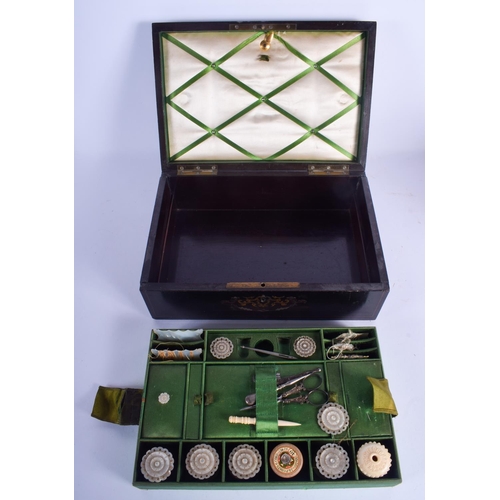 2397 - A 19TH CENTURY LEATHER CASED CARVED WOOD SEWING BOX with fitted interior, inlaid with brass and moth... 