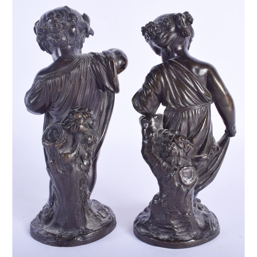 2402 - A PAIR OF 19TH CENTURY FRENCH BRONZE FIGURES OF A GIRL AND BOY modelled wearing wreaths. 16.5 cm hig... 