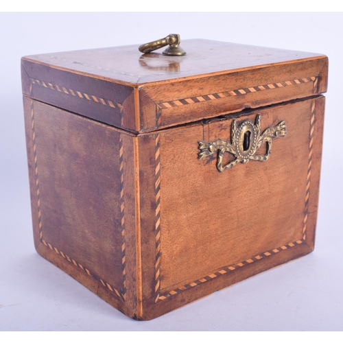 2413 - A GEORGE III MAHOGANY TEA CADDY with Tunbridge ware type inlay. 12 cm x 12 cm.