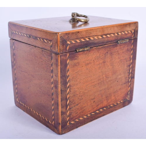 2413 - A GEORGE III MAHOGANY TEA CADDY with Tunbridge ware type inlay. 12 cm x 12 cm.