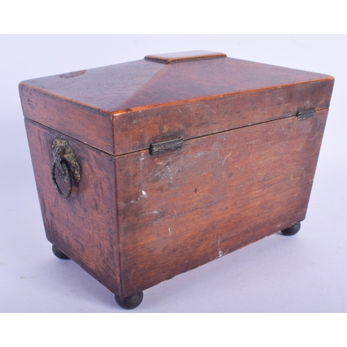 2414 - A GEORGE III MAHOGANY TEA CADDY containing numerous gaming counters. 18 cm x 14 cm.