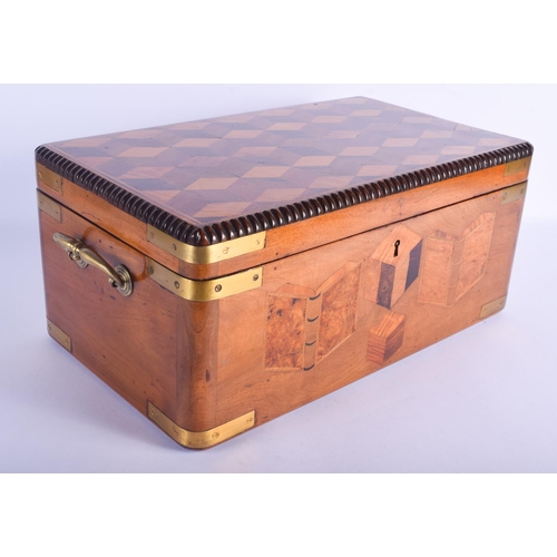 2416 - A LOVELY LARGE MID 19TH CENTURY EUROPEAN EXOTIC CARD WOOD TRAVELLING BOX possibly maritime, inset wi... 