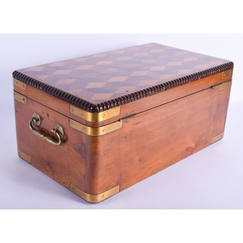 2416 - A LOVELY LARGE MID 19TH CENTURY EUROPEAN EXOTIC CARD WOOD TRAVELLING BOX possibly maritime, inset wi... 