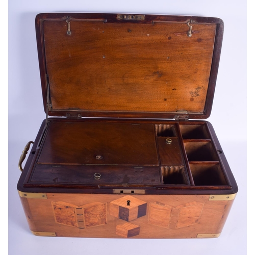 2416 - A LOVELY LARGE MID 19TH CENTURY EUROPEAN EXOTIC CARD WOOD TRAVELLING BOX possibly maritime, inset wi... 