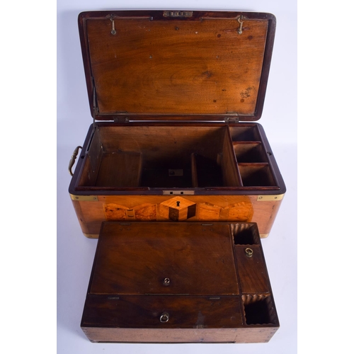 2416 - A LOVELY LARGE MID 19TH CENTURY EUROPEAN EXOTIC CARD WOOD TRAVELLING BOX possibly maritime, inset wi... 