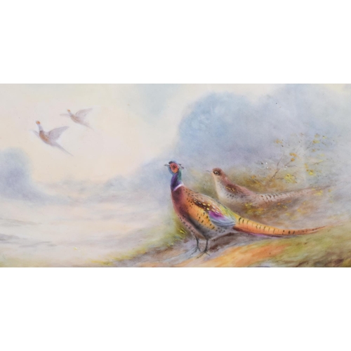 2421 - A FRAMED ROYAL WORCESTER PORCELAIN PLAQUE by James Stinton, depicting four pheasants within landscap... 