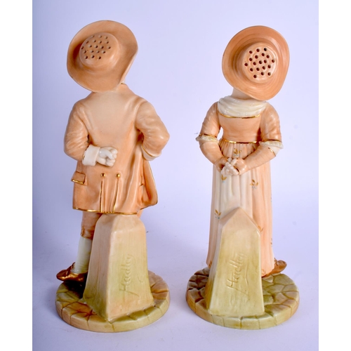 243 - Royal Worcester blush ivory pair of figures of a boy and girl as salt and pepper shakers after James... 