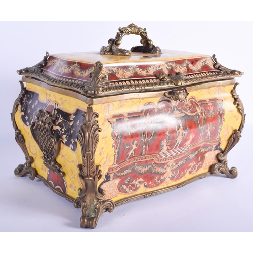 2430 - A LARGE CONTEMPORARY CONTINENTAL BRONZE MOUNTED POTTERY BOX AND COVER decorated with figures. 37 cm ... 