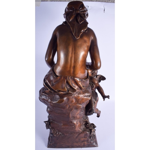 2431 - A VERY LARGE 19TH CENTURY FRENCH BRONZE FIGURE OF A FEMALE modelled pouring water into a putti's mou... 