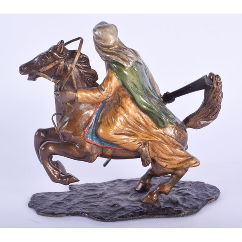 2437 - A 19TH CENTURY AUSTRIAN COLD PAINTED BRONZE FIGURE OF A REARING HORSE modelled with a hunter upon it... 