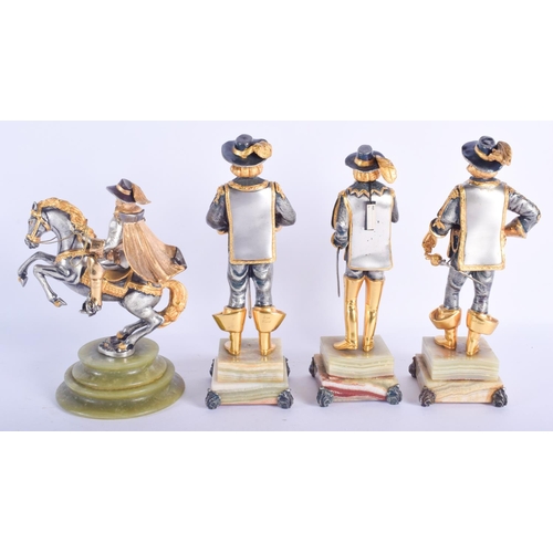 2439 - A GOOD SET OF FOUR EARLY 20TH CENTURY ITALIAN SILVERED BRONZE FIGURES OF CAVALIERS upon onyx bases. ... 