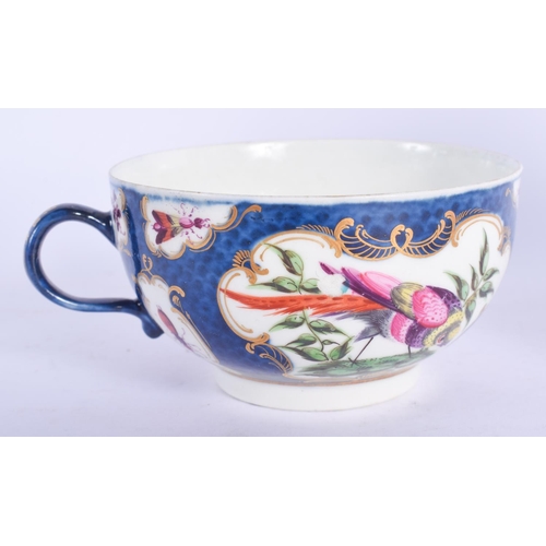 2441 - 18th c. Worcester teacup and saucer painted with birds in a gilt mirror shaped panel on a blue scale... 