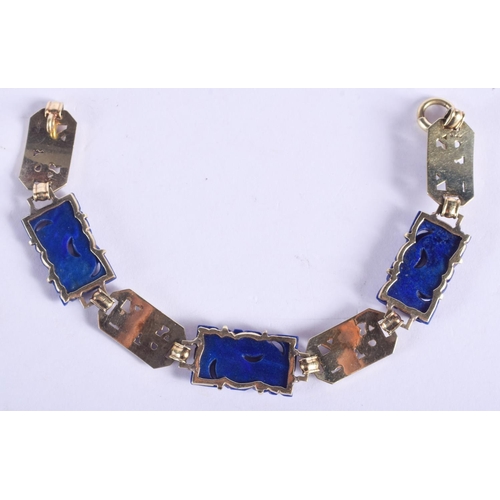 2447 - A STYLISH 14CT GOLD ENAMEL AND LAPIS LAZULI BRACELET painted with dragons. 18.9 grams. 16.5 cm long.