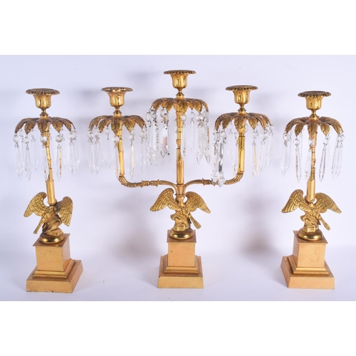 2449 - A LARGE 19TH CENTURY FRENCH BRONZE CRYSTAL LUSTRE GARNITURE formed with birds. 49 cm x 35 cm. (3)