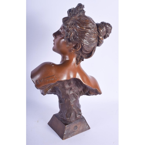 2452 - AN ART NOUVEAU BRONZE BUST OF DIANE by Villanis, modelled upon a shaped plinth. 40 cm x 17 cm.