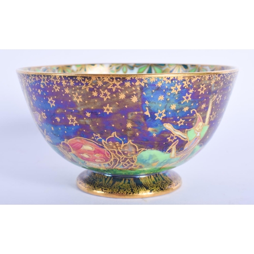 2453 - A WEDGWOOD FAIRYLAND LUSTRE BOWL painted with whimsical figures. 9 cm diameter.