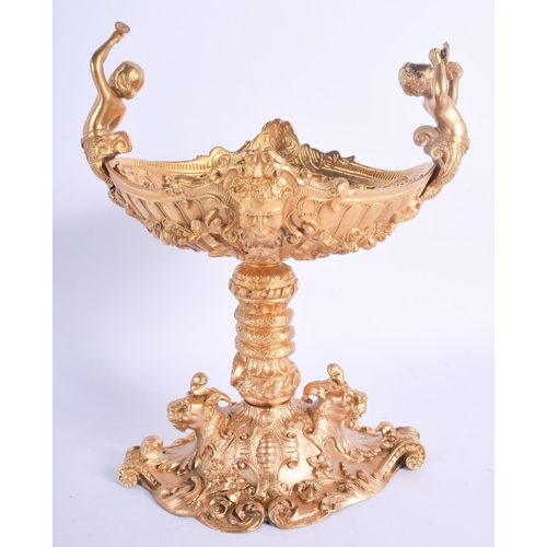 2470 - A CONTEMPORARY TWIN HANDLED ORMOLU TAZZA. 24 cm x 16 cm.