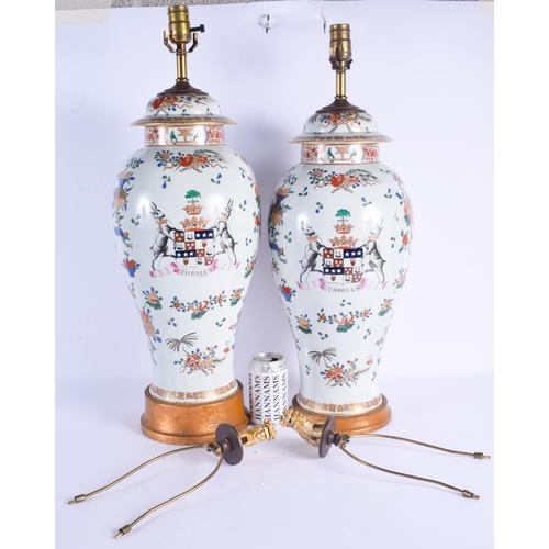 2487 - A LARGE PAIR OF 19TH CENTURY SAMSONS OF PARIS VASES AND COVERS converted to lamps. Vase 41 cm high.