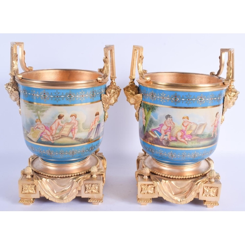 2499 - A LARGE PAIR OF CONTEMPORARY SEVRES STYLE JARDINIERES with gilt bronze mounts. 34 cm x 20 cm.