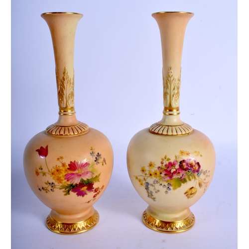 250 - Royal Worcester blush ivory pair of vases of shape 1661, painted with flowers highlighted in gilt da... 