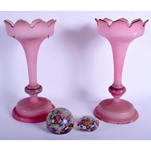 26 - TWO VINTAGE GLASS PAPERWEIGHTS together with a pair of pink opaque glass lustres. Largest 30 cm high... 