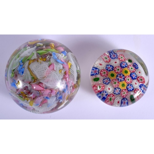 26 - TWO VINTAGE GLASS PAPERWEIGHTS together with a pair of pink opaque glass lustres. Largest 30 cm high... 