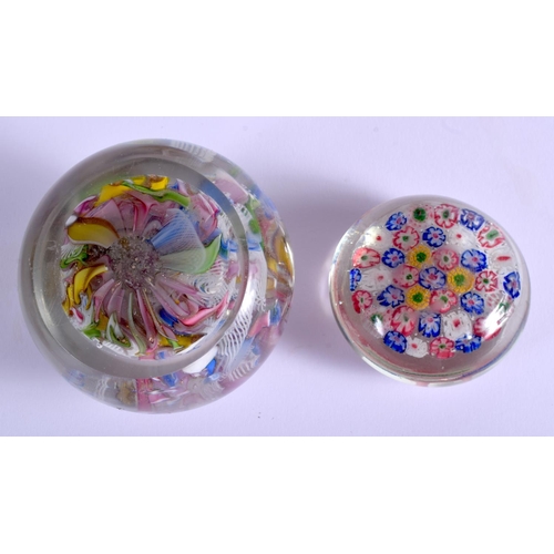 26 - TWO VINTAGE GLASS PAPERWEIGHTS together with a pair of pink opaque glass lustres. Largest 30 cm high... 