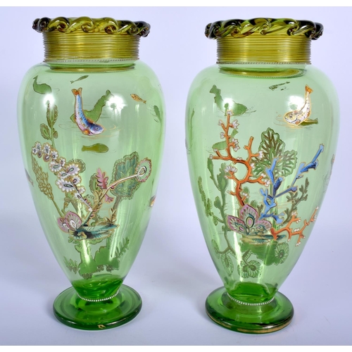 28 - A LOVELY PAIR OF 19TH CENTURY EUROPEAN GLASS VASES enamelled with fish and coral reefs. 26 cm high.