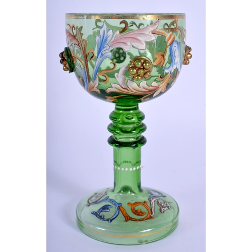 29 - A 19TH CENTURY ENAMELLED GREEN GLASS CUP probably Lobmeyr, decorated with foliage. 12.5 cm high.