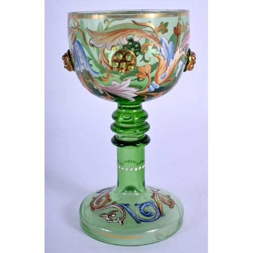 29 - A 19TH CENTURY ENAMELLED GREEN GLASS CUP probably Lobmeyr, decorated with foliage. 12.5 cm high.